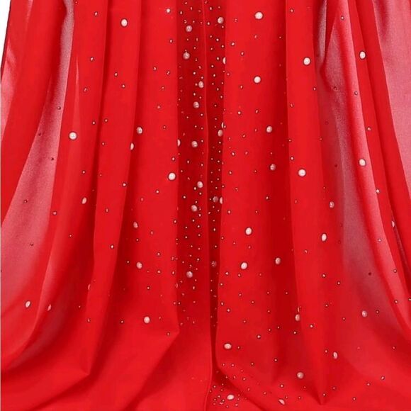 SALE Stunning Red Chiffon Pearls and Rhinestones Scarf - Picture 3 of 5
